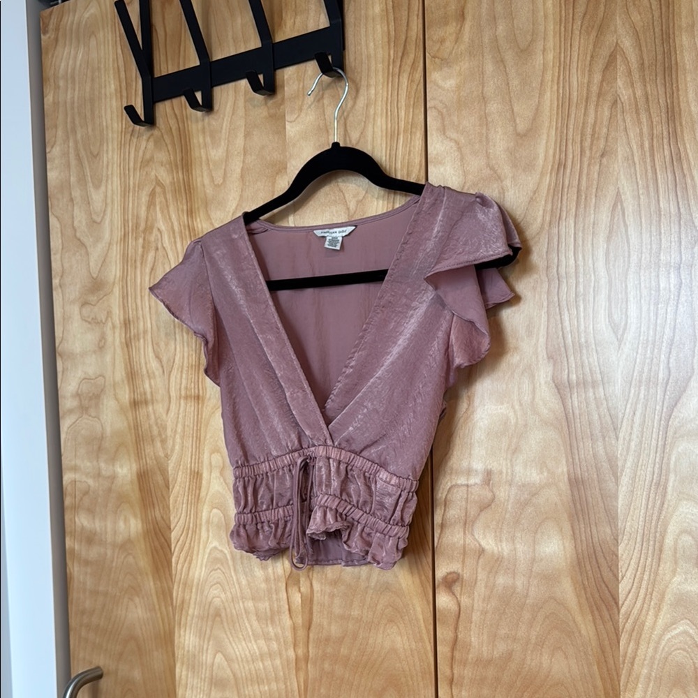 American Eagle Outfitters Pink Wrap Blouse with Ruffled Tie Front